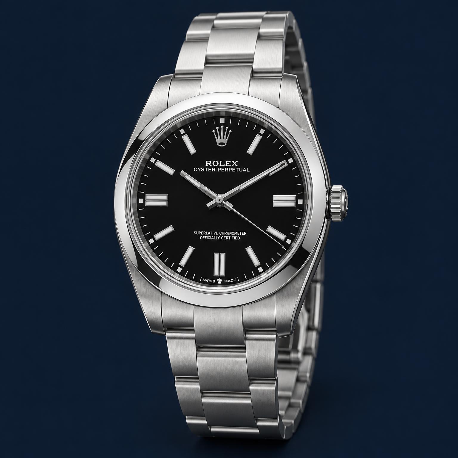 Stainless-steel Oyster Perpetual watch with a black dial